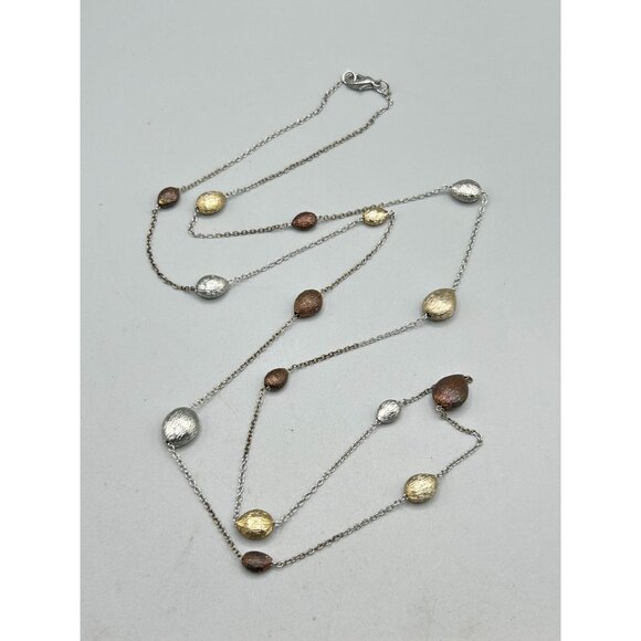 Tri-Color Station Necklace with Silver Gold & Copper Toned Beads Dainty Thin Cha - Picture 2 of 6